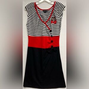 Sourpuss Retro Cherry Stripe Dress Rockabilly Pinup Punk Goth Sz M 50’s style